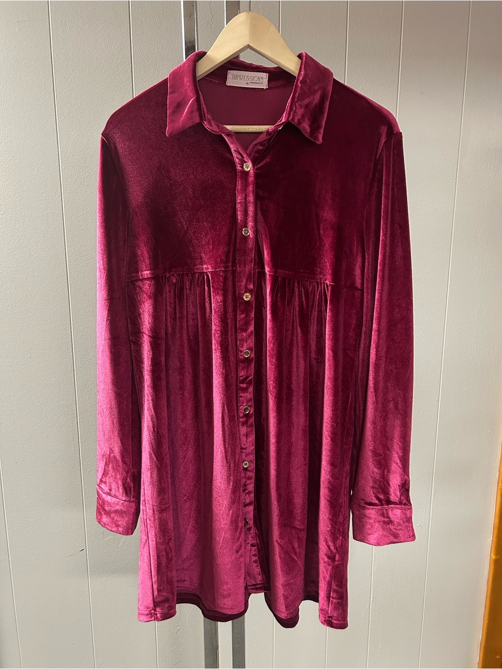 Impressions Velvet Button-Front Longline Shirt Dress - Deep Berry Medium